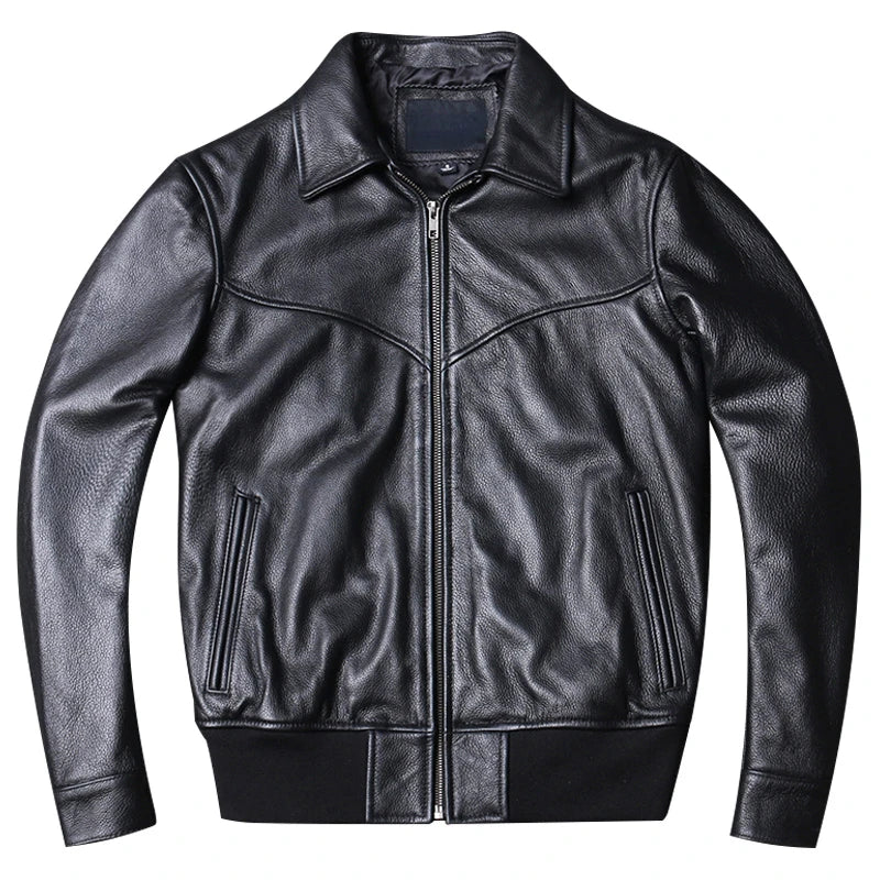 Free Shipping New Genuine Leather Jacket Men's Natural Cowhide Leather Coat Short Fit Lapel Baseball Suit Clothing