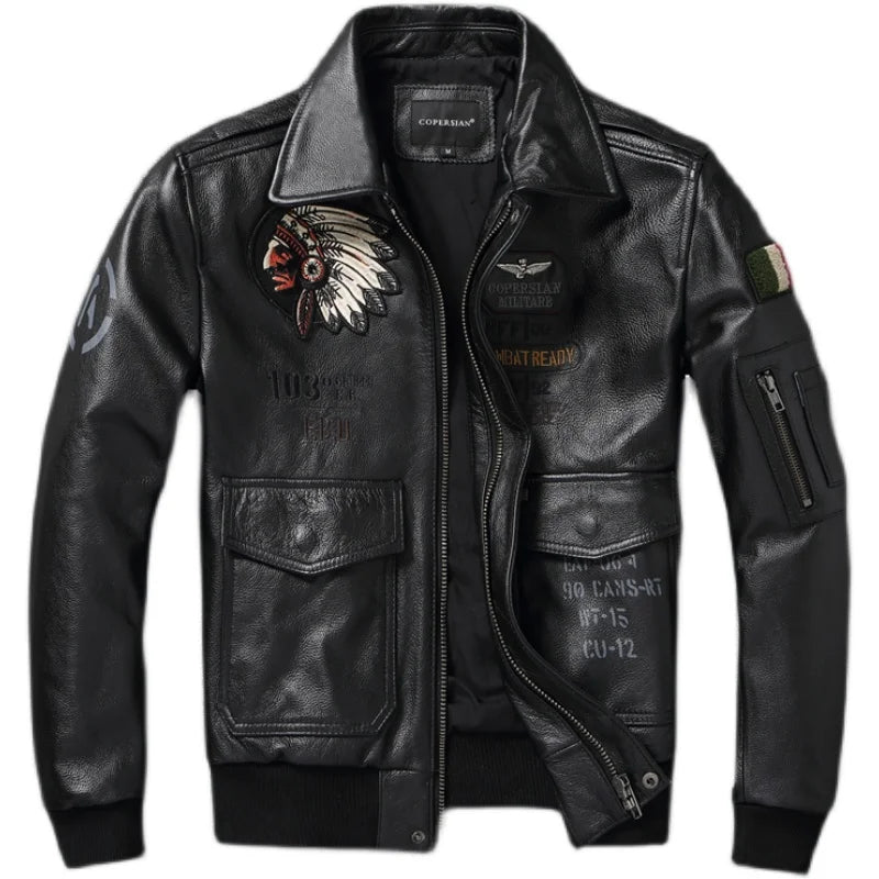 Embroidery Flight Coat Genuine Cowhide Leather Jackets for Men Leather Jacket Pilot Coats Autumn jaquetas masculina de couro