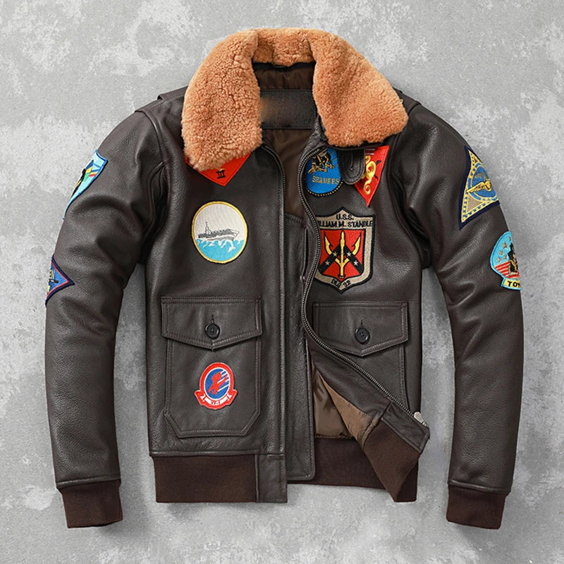 Embroidery Aviator Bomber G1 Flight Jacket Cowhide Leather Coat Men Air Force Winter Clothing AviationCoats Real Fur Collar M-XL