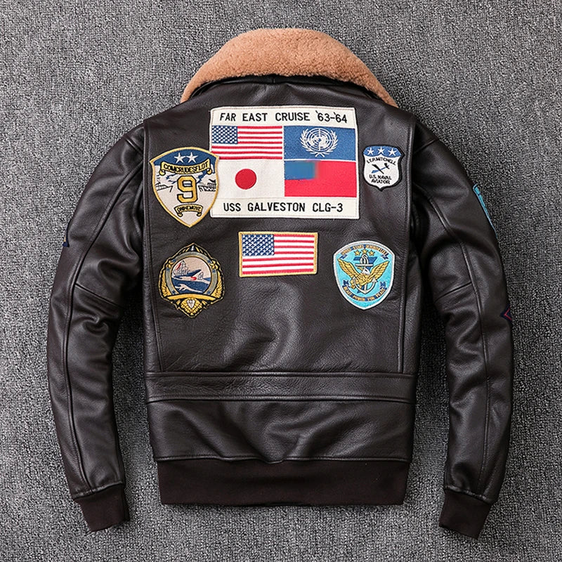 Embroidery Aviator Bomber G1 Flight Jacket Cowhide Leather Coat Men Air Force Winter Clothing Aviation Coats Real Fur 2XL-3XL