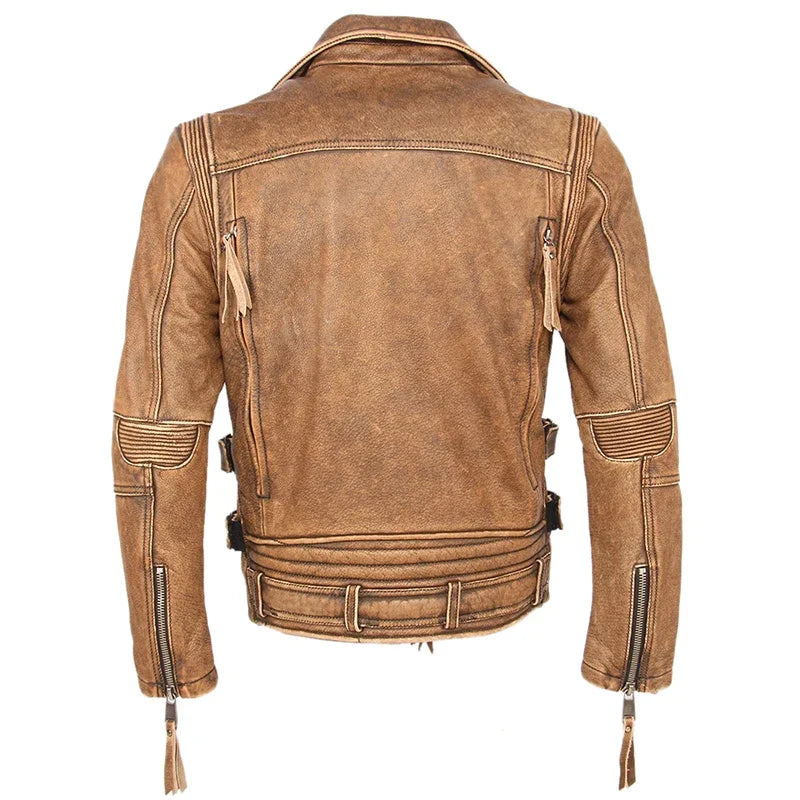 Vintage Motorcycle Jacket Slim Fit Thick Men Leather Jacket 100% Cowhide Moto Biker Jacket Man Leather Coat Winter Warm M455