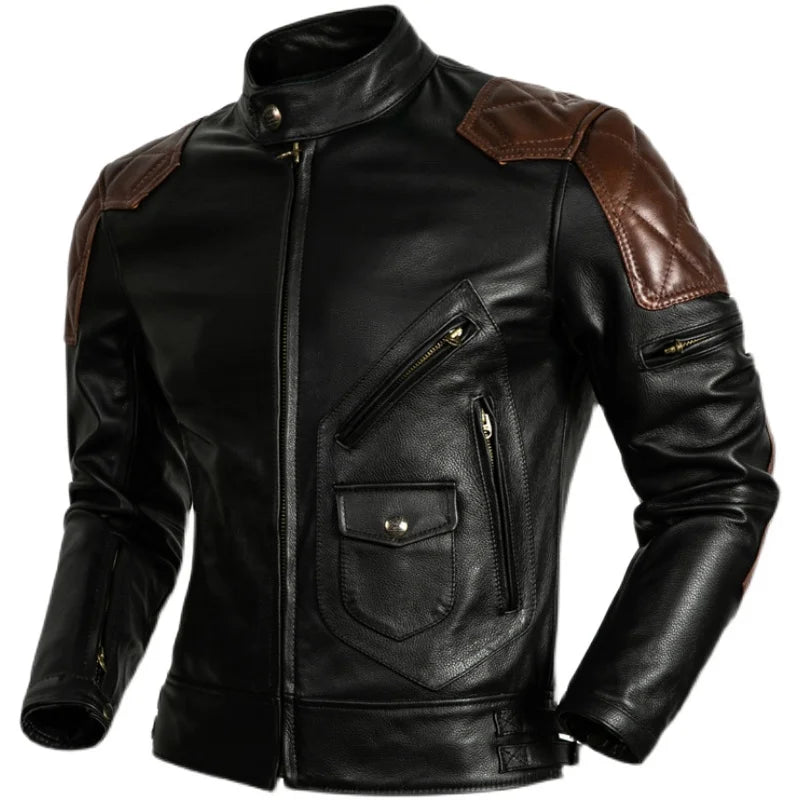 NEW Motorcycle Coat Cowhide Leather Jacket Men's Natural Genuine Leather Clothes Protective Motor Biker Slim Men Riding Coat