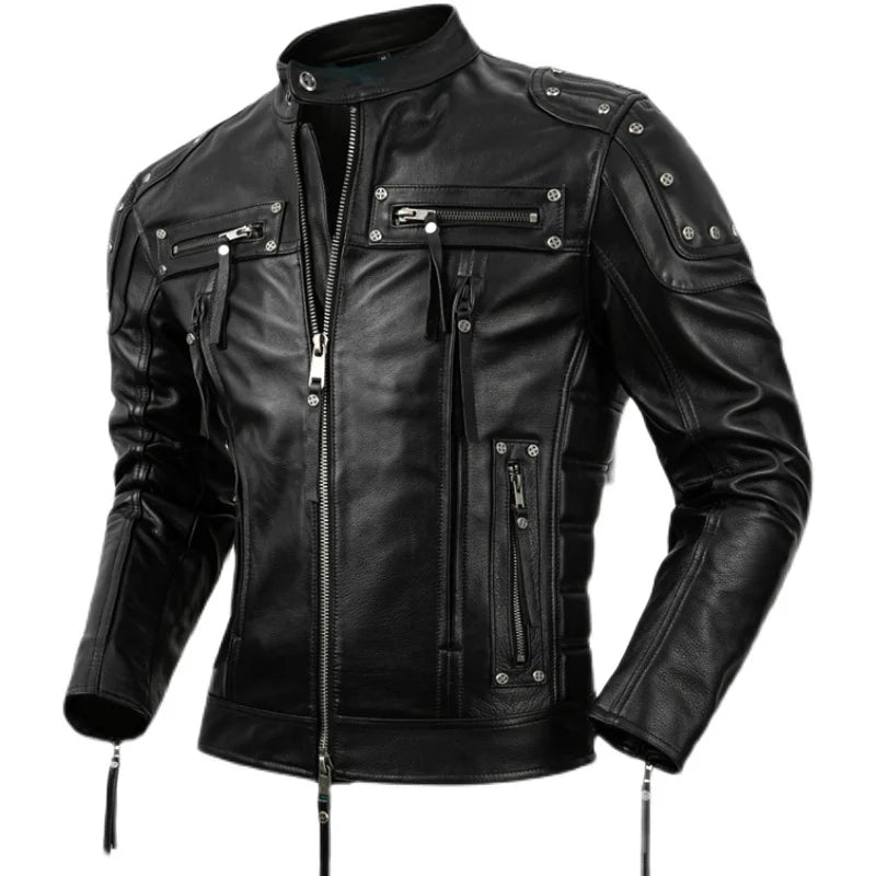 Protective Motorcycle Clothing Cowhide Leather Leather Men's Motorcycle Riding Clothing Calfskin Leather Jacket Biker Coat Men