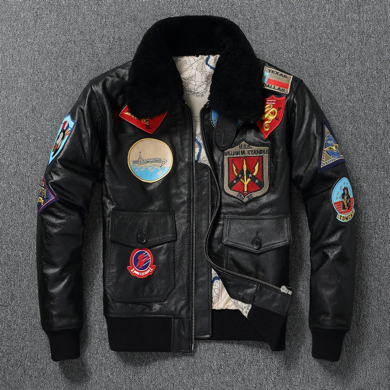 Embroidery Aviator Bomber G1 Flight Jacket Cowhide Leather Coat Men Air Force Winter Clothing AviationCoats Real Fur Collar M-XL