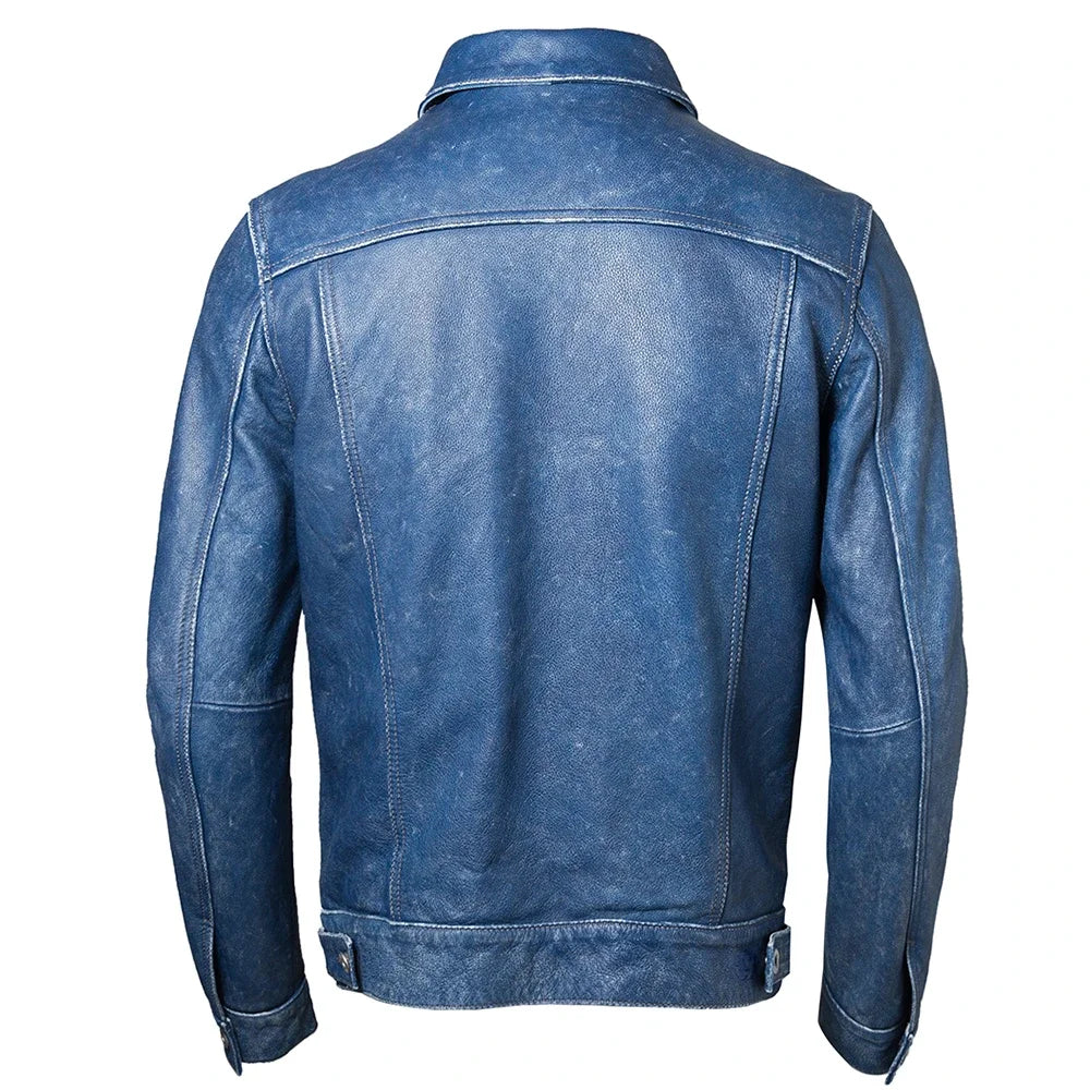 Vintage Blue Men Leather Jacket Slim Fashion 100% Natural Cowhide Jackets Man Genuine Leather Coat Autumn Spring Asian Size M234