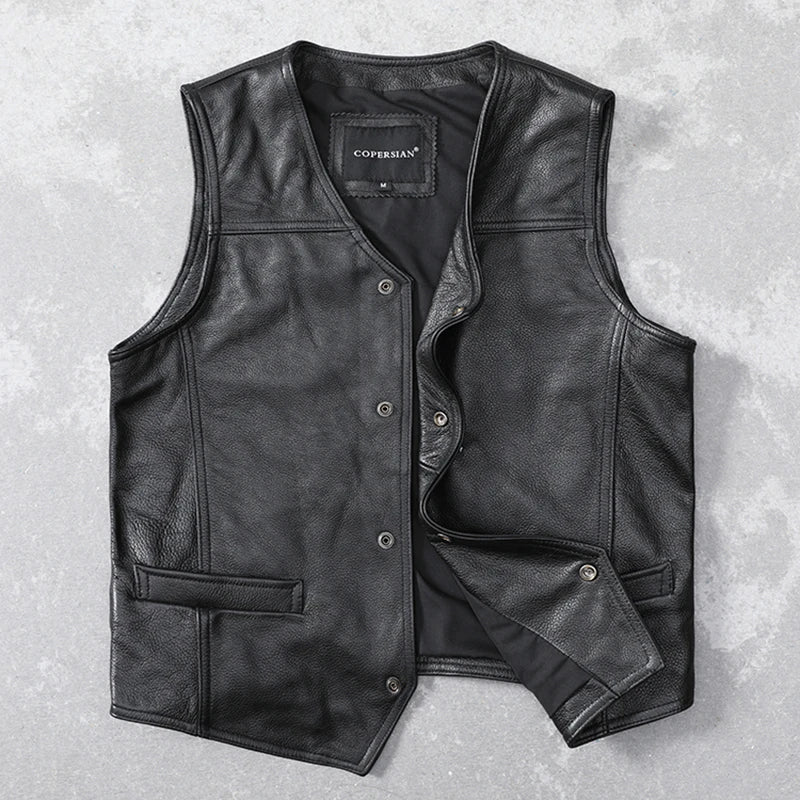 Casual Black Men Cow Leather Vest V-Neck Slim Genuine Leather Vests Mens Cowhide Waistcoat