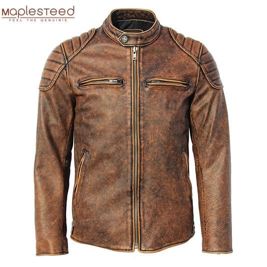 Vintage Brown Cow Leather Jackets Men Genuine Leather Coat Slim Fit Motorcycle Jacket Man Biker Clothes Autumn Asian Size M357