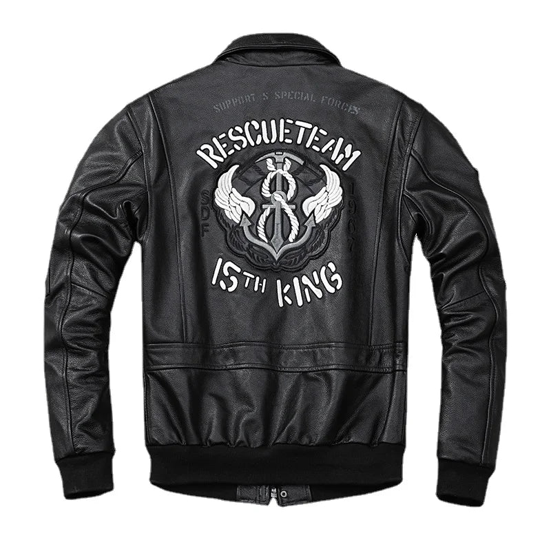 Embroidery Men Leather Jacket Top Layer Cowhide Flight Jackets Military Cow Leather Coat Biker Clothing Motorcycle Riding Coats