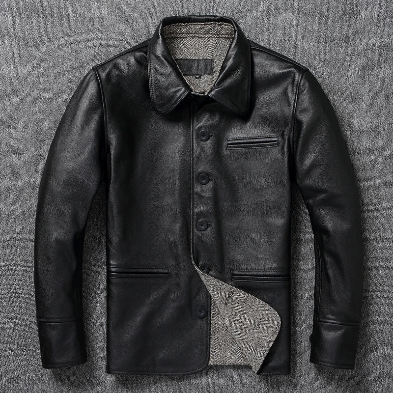 Classical Gatekeeper Jackets Long Genuine Cowhide Leather Jacket Men Spring Autumn Coats Mens Leather Jacket Chaquetas