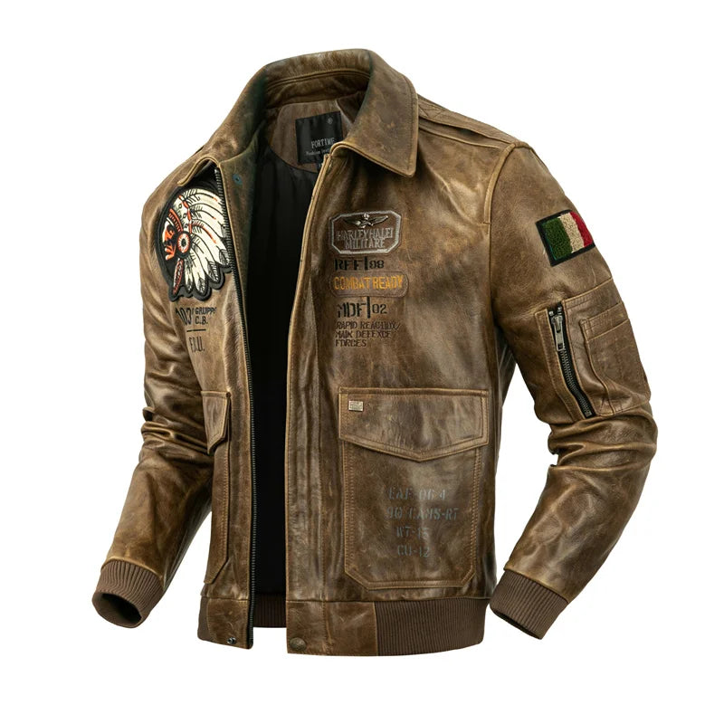 Indian Embroidery Skull Flight Jackets Oil Waxed Horsehide Genuine Leather Jacket Men Air Force Pilot Coat Aviator Clothes