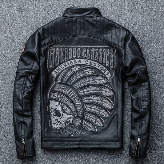 New Black Embroidery Skull Motorcycle Leather Jackets Natural Cowhide Motor Jacket Biker Leather Coat Slim Clothing Racer Coats