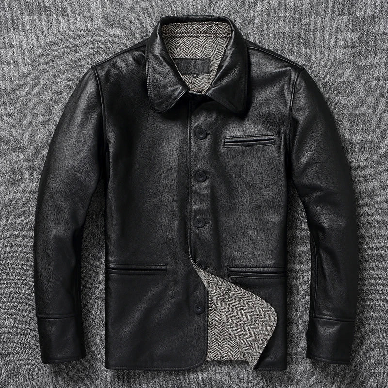 Brakeman Genuine Leather Jacket Men Real Cowhide Leather Coat Slim Fit Casual Clothes Mens Leather Coat Autumn Clothing