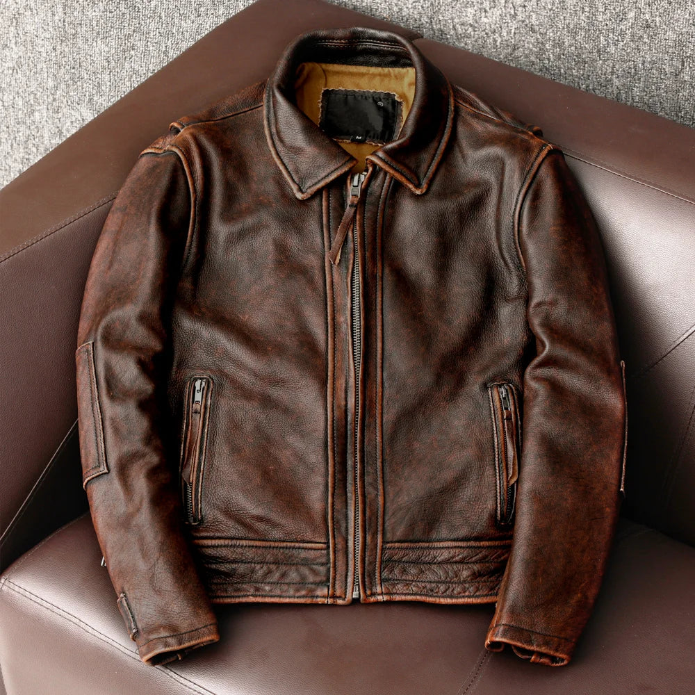 Men Genuine Leather Jacket Vintage Brown 100% Cowhide Coat Man Slim Fashion Biker Clothing Asian Size S-6XL M697 Dropshipping