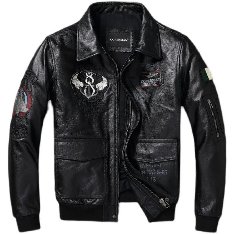 Genuine Leather Jacket for Men Real Cowhide Skin Military A2 Flight Suit Embroidered Pilot Coats Mens Aviation Clothing Autumn