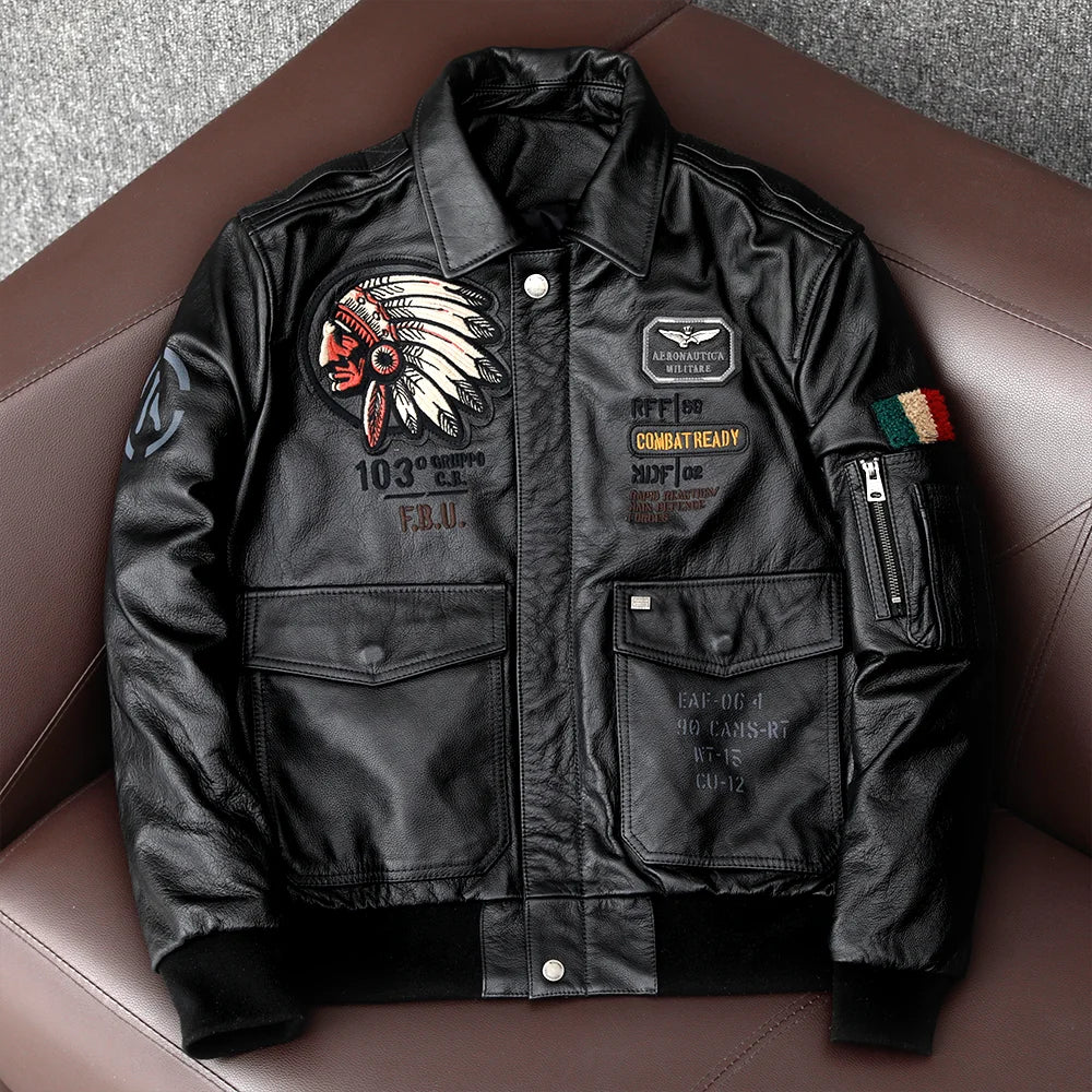 New Indian Embroidery Flying Suit Natural Genuine Leather Coat Men's Cowhide Leather Motorcycle Jackets Slim Fashion Clothing