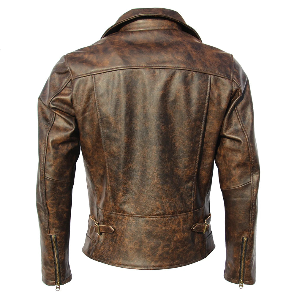 Natural Oil Waxed Cow Leather Jacket For Men Biker Clothes Yellow Brown Burgundy Soft Genuine Sheepskin Coat Spring Autumn M003