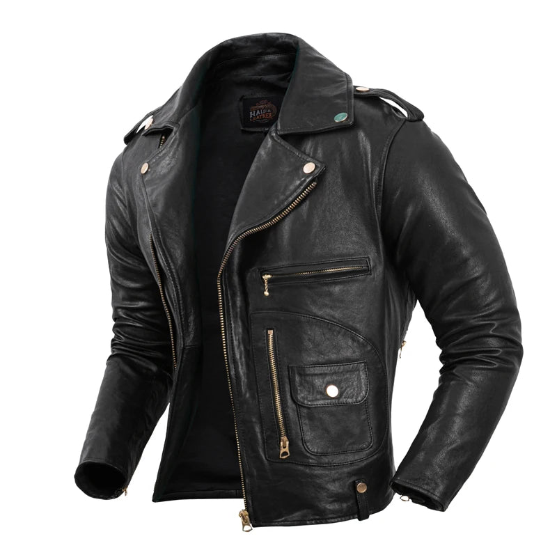 J24 Motorcycle Clothes Men Leather Jacket Vegetable Tanned Real Sheepskin Leather Jacket Slim Fit Motor Biker Clothing Autumn