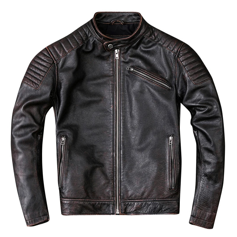 Vintage Leather Jacket Men 100% Genuine Cowhide Black Moto Biker Clothing Man Coat Boy Leather Coat Slim Autumn Asian Size M104