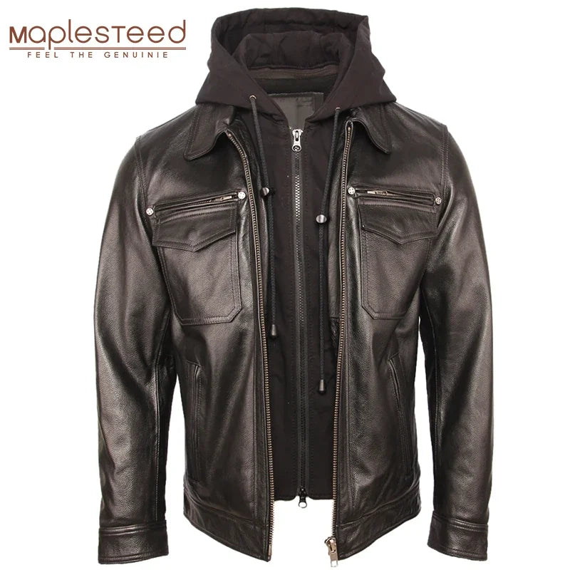 Men Jacket Quilted Hood Removable 100% Cowhide Coat Genuine Leather Jackets Man Winter  Warm Clothing M351