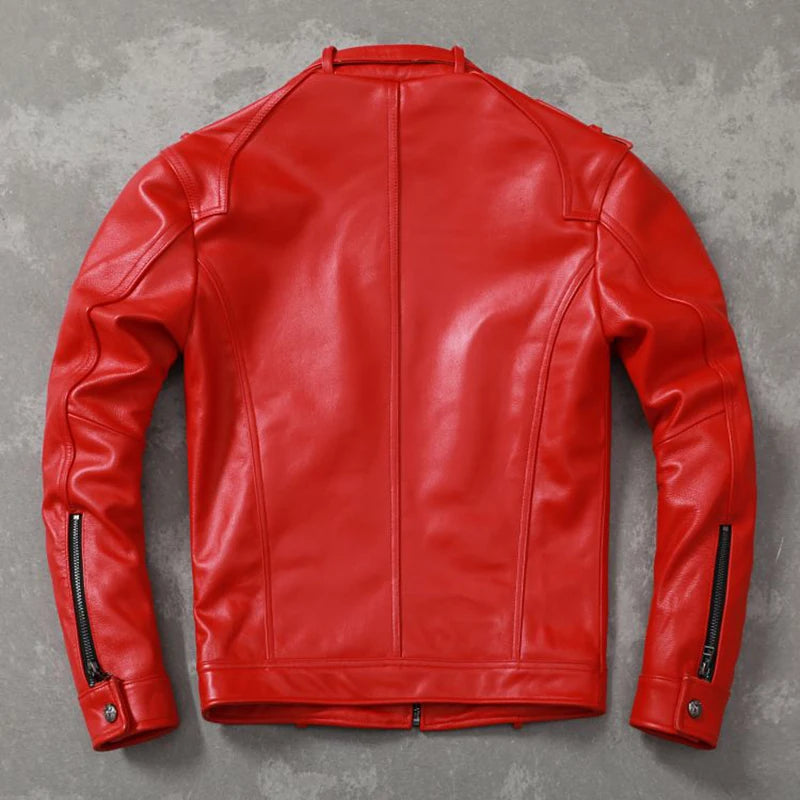 Men Leather Jacket Handsome Short Red Genuine Cowhide Biker Leather Jacket Black Tanned Sheepskin Slim Fit Jackets Autumn