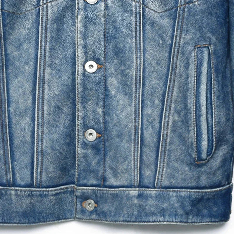 Vintage Blue 507 Casual Genuine Leather Jacket Men Real Cowhide Slim Bomber Coat Mens Leather Jacket Autumn Male Clothes