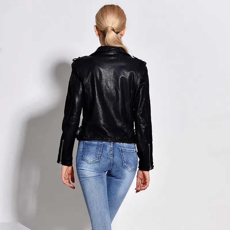 Women Genuine Leather Jacket Soft 100% Tanned Sheepskin Double Belts Female Leather Coat Ladies Biker Clothing Autumn M307