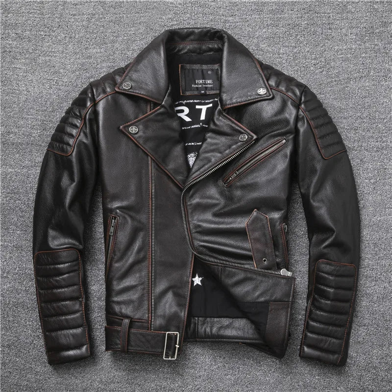 Oblique Zipper Vintage Brown Style Genuine Leather Jacket Men's Really Natural Cowhide Motorcycle Style Slim Jackets Coat S-XL