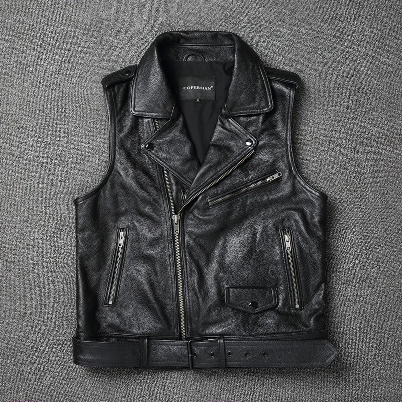 Genuine Cow Leather Vest Belt Motorcycle Vest For Men Biker Waistcoat Slim Fit Cowhide Leather Jackets Sleeveless Spring Autumn