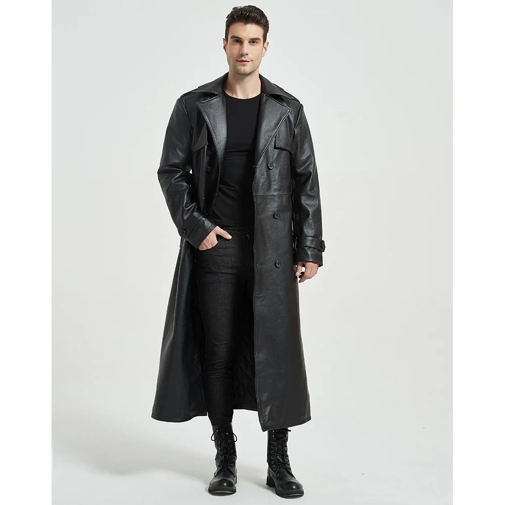 Ultra Long Men Leather Coat Quilted 100% Natural Cowhide Male Leather Trench Winter Euro US Size Sleeve 66-69 Chest 106~130 M464