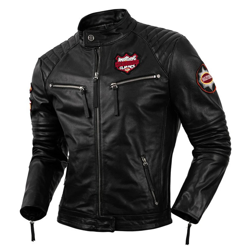 Indian Skull Embroidery Motorcycle Jacket Real Cowhide Leather Jacket Mens Motor Riding Coat Bomber Clothes Autumn Winter