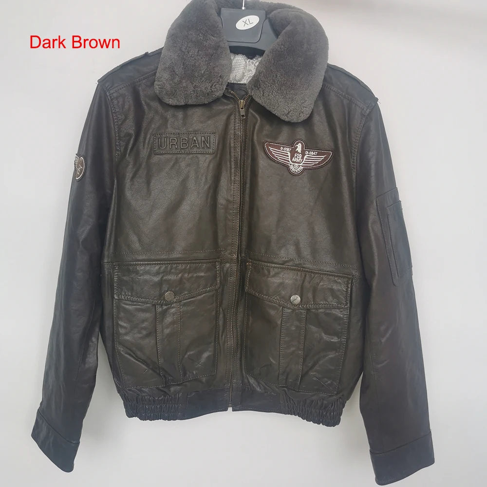 Men Leather Jacket Red Brown Sheepskin Black Cowhide Flight Jackets Man Pilot Jacket Motorcycle Biker Coat Winter Clothing M177