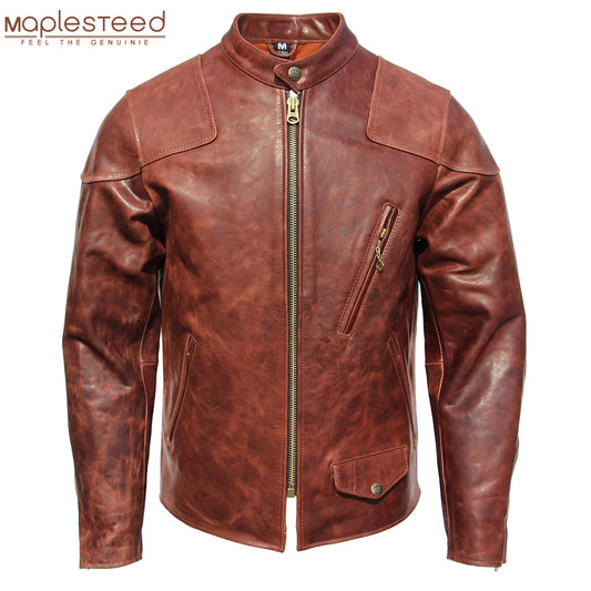 Fashion Natural Horsehide Leather Jacket Men Oil Waxed Cowhide Genuine Leather Coat Slim Male Clothes Autumn Chest 128cm M002