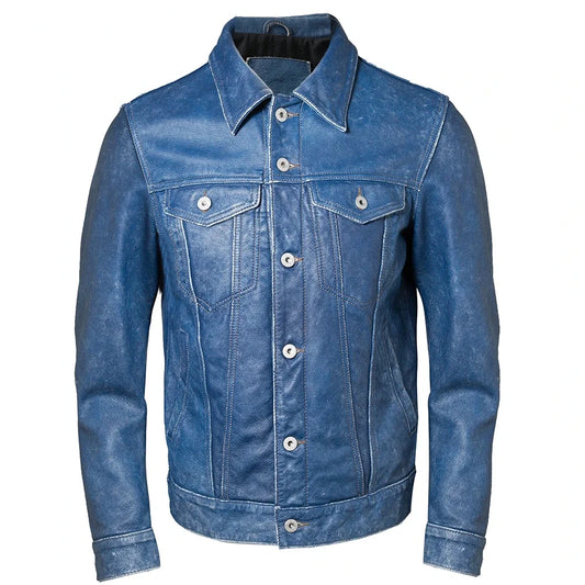 Vintage Blue Men Leather Jacket Slim Fashion 100% Natural Cowhide Jackets Man Genuine Leather Coat Autumn Spring Asian Size M234