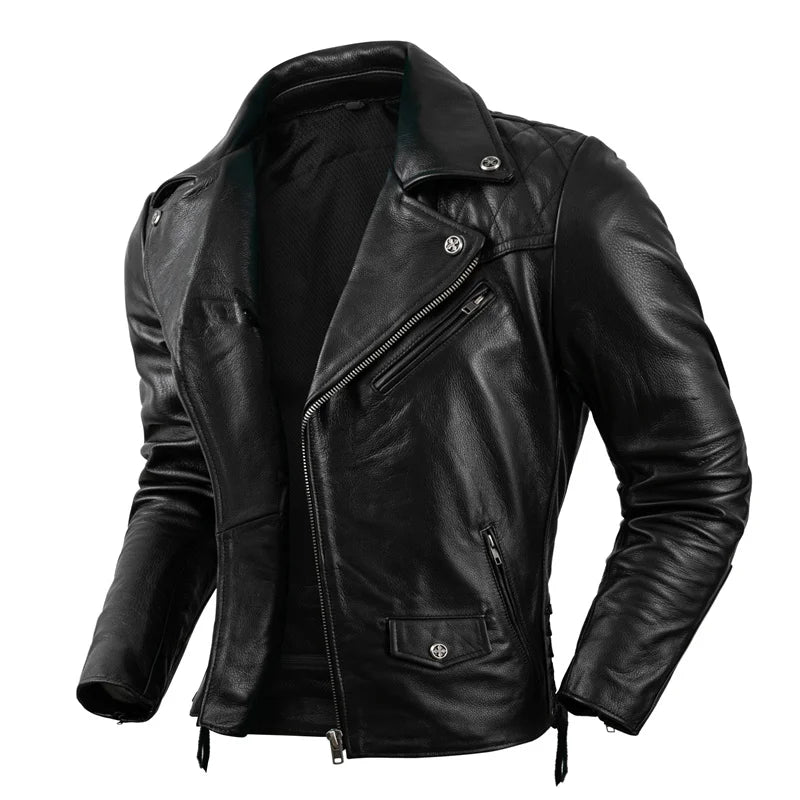 Men's Motorcycle Jacket Protectors Genuine Leather Clothes Natural Cowhide Oblique Zipper High Quality Coat  Size S-5XL