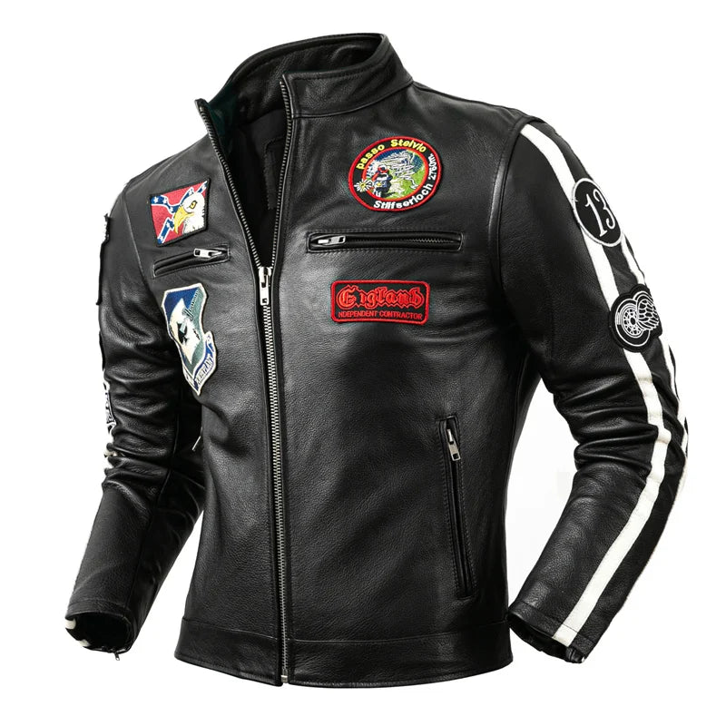 Motorcycle Rider Jacket Patterns Real Cowhide Genuine Leather Jacket Men Cow Leather Coat Slim Motor Biker Clothing Autumn