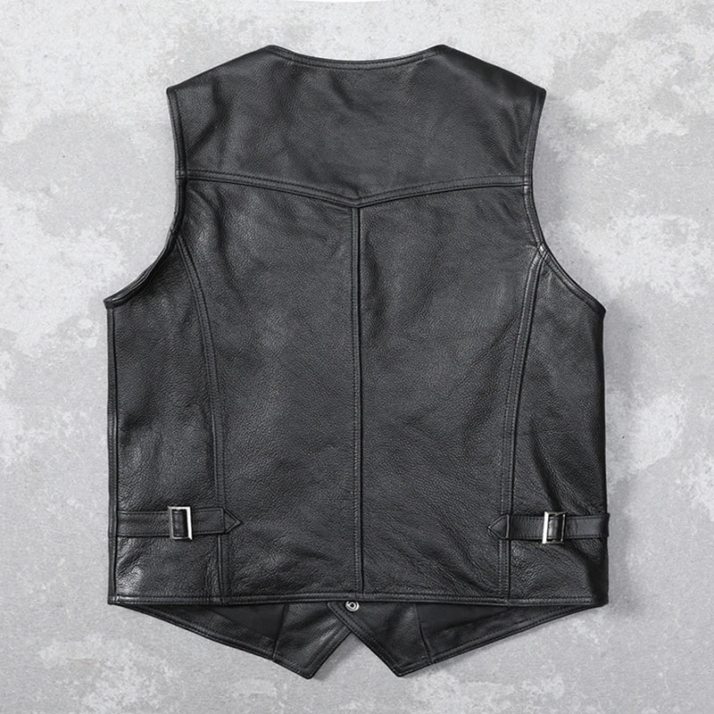 Casual Black Men Cow Leather Vest V-Neck Slim Genuine Leather Vests Mens Cowhide Waistcoat