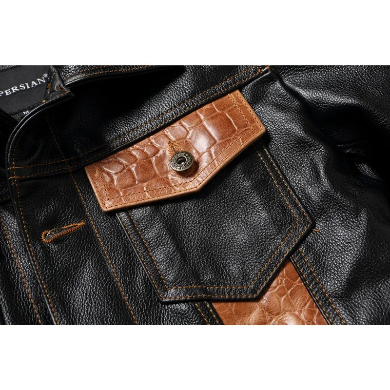 Cow Leather Patchwork Contrasting Lapel Leather Jacket for Men Casual Jacket Leather Coats  Genuine Cowhide Leather Jacket Men