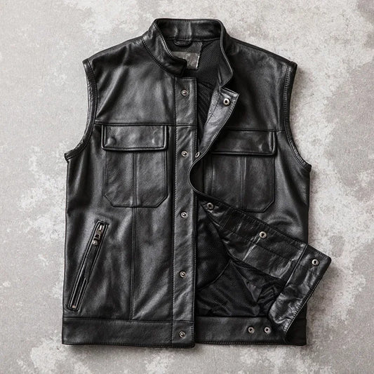 Motorcycle Biker Leather Vest Men Genuine Cow Leather Sleeveless Jackets 100% REAL Cowhide Stand Collar Waistcoat Outwear