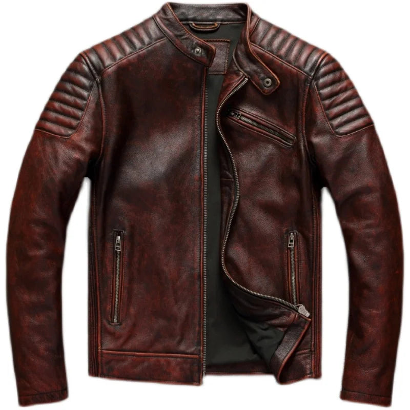 Vitnage Red Brown Men Leather Jacket 100% Cowhide Leather Motorcycle Style Genuine Cow Jackets for Men Autumn