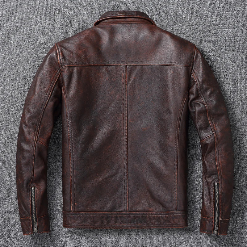 Vintage Brown Red Genuine Leather Jacket Men 100% Cowhide Natural Leather Jackets Man Leather Autumn Clothing Coat Cow Jacket