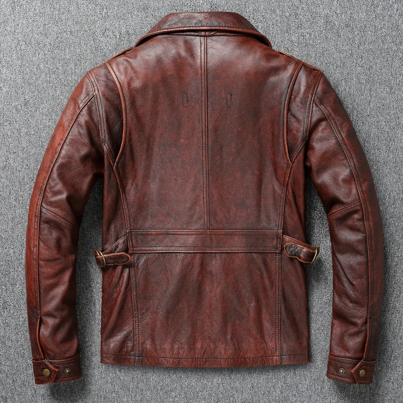 Vintage Red Brown Heavy M65 Hunting Jackets Long Head Layer Cowhide Leather Jacket Retro Leather Jacket Men's Motorcycle Jackets