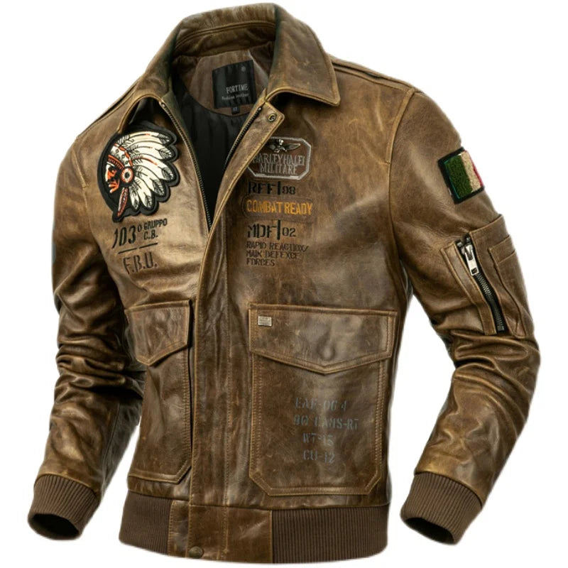 Indian Embroidery Skull Flight Jackets Oil Waxed Horsehide Genuine Leather Jacket Men Air Force Pilot Coat Aviator Clothes