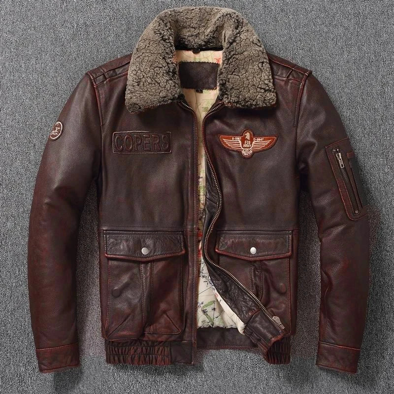 Vintage Genuine Leather Jacket Men Flight Jackets Natural Fur Collar Aviation Bomber Coats Mens Motorcycle Jackets Biker Coats