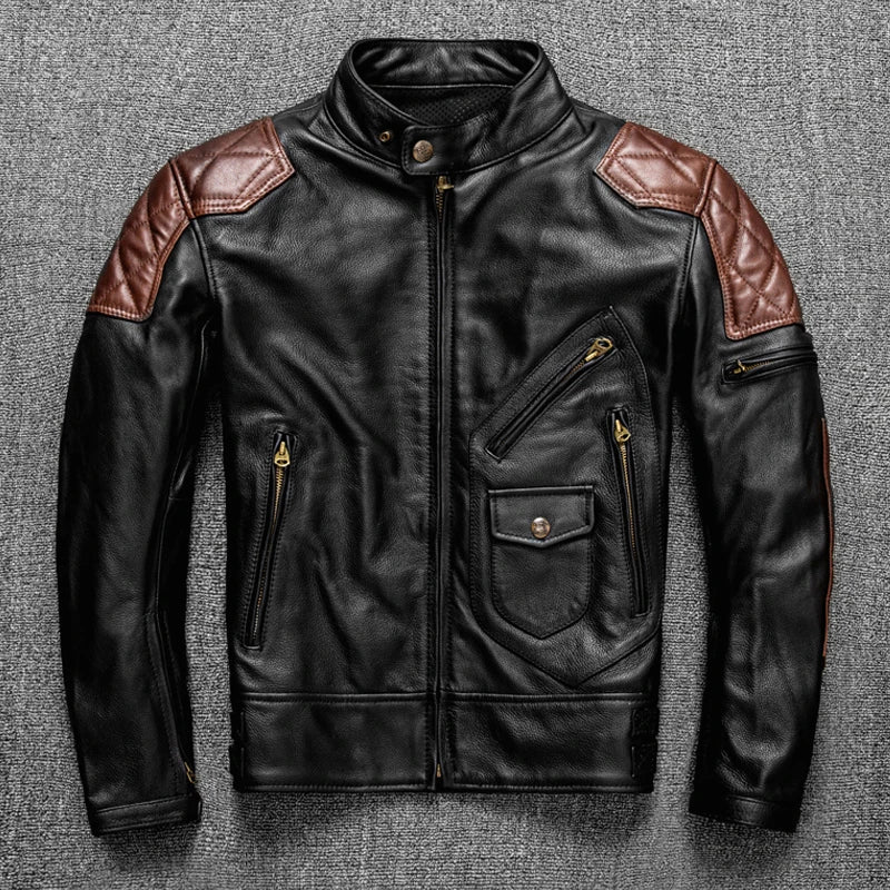 Men Motorcycle Jackets Cowhide Leather Jacket Men Natural Genuine Leather Clothes Protectors Biker Clothing Mens Coat S-2XL