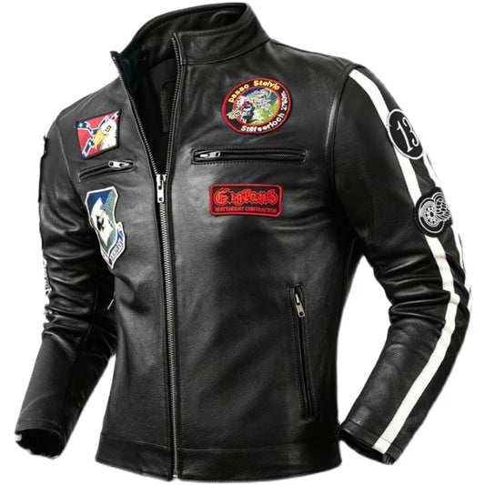 Motorcycle Rider Jacket Patterns Real Cowhide Genuine Leather Jacket Men Cow Leather Coat Slim Motor Biker Clothing Autumn