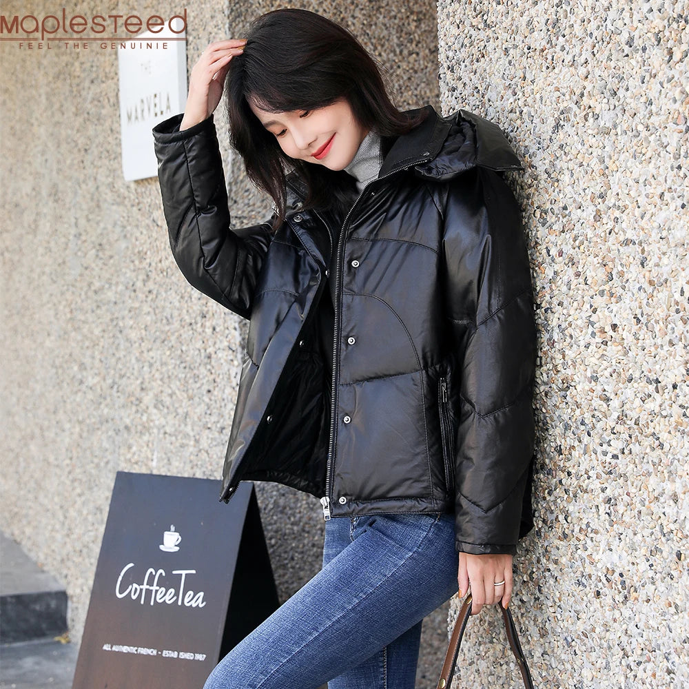 MAPLESTEED Women Leather Coat Winter 100% Soft Sheepskin Removable Hood Thick Women Coat Winter Free Size Bust 124 M485