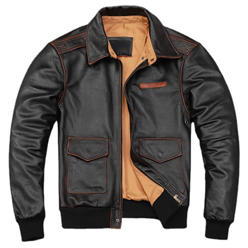 Men Cow Leather Jacket A2 Flight Jackets Hand Edged Aviator Bomber Coat Men Leather Jacket 항공점퍼가죽 Куртка бомбер Летная куртка