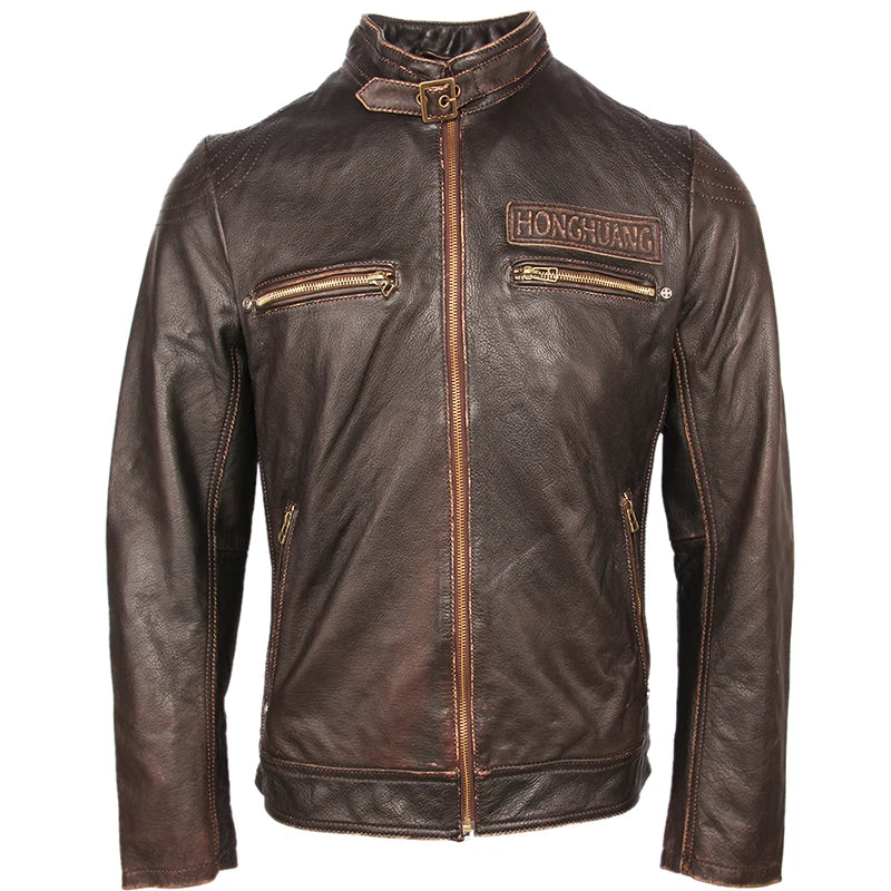 Vintage Motorcycle Leather Jacket Men 100% Genuine Cowhide Leather Coat Men Slim Fit Bomber Moto Biker Leather Coat Winter M261