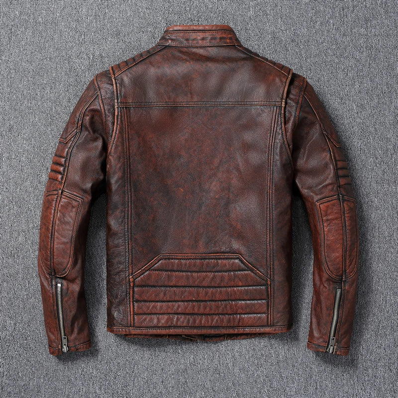 Real Cow Leather Jacket Men Motorcycle Jackets Genuine Cowhide Leather Vintage Men's Leather Coat Biker Clothing