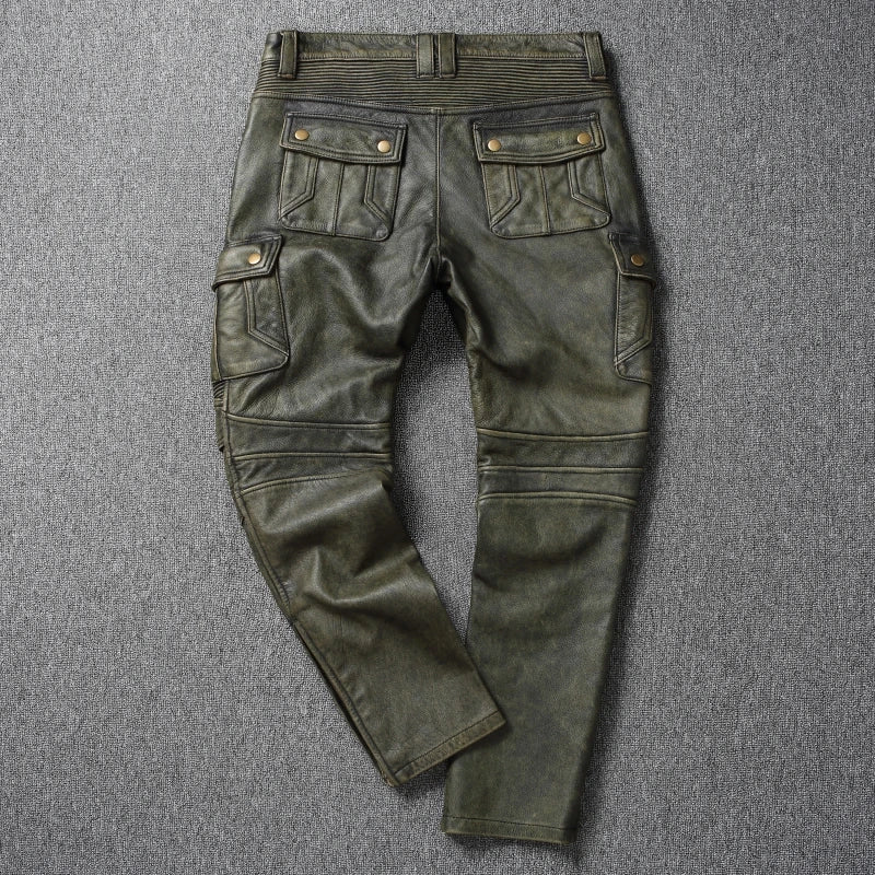 Vintage Army Green Men Leather Pant Genuine Cowhide Motorcycle Pants Mens Leather Trousers Calca Masculina Pantalones Hombre